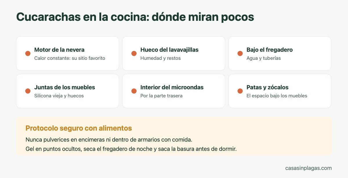 Escondites de las cucarachas en la cocina