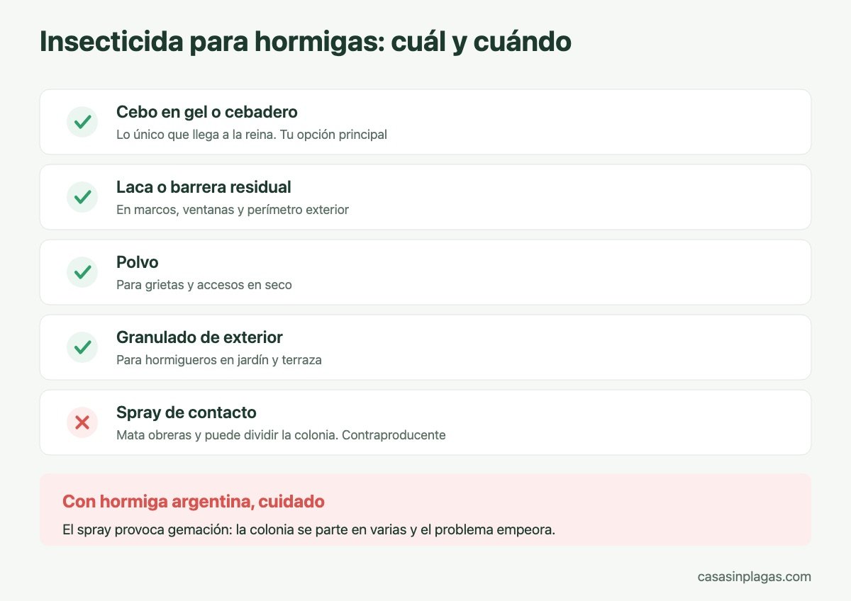 Formatos de insecticida para hormigas y cuándo usar cada uno